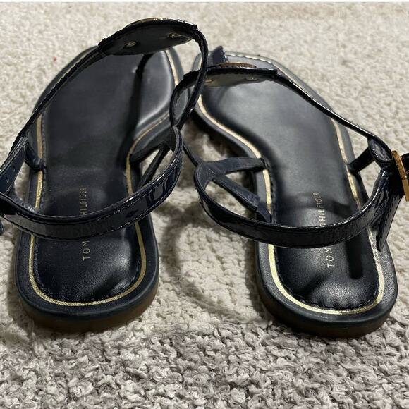Tommy Hilfiger Womens Size 8.5 M Blue T-Strap TH Logo Sandals Thong Flats - Picture 4 of 10